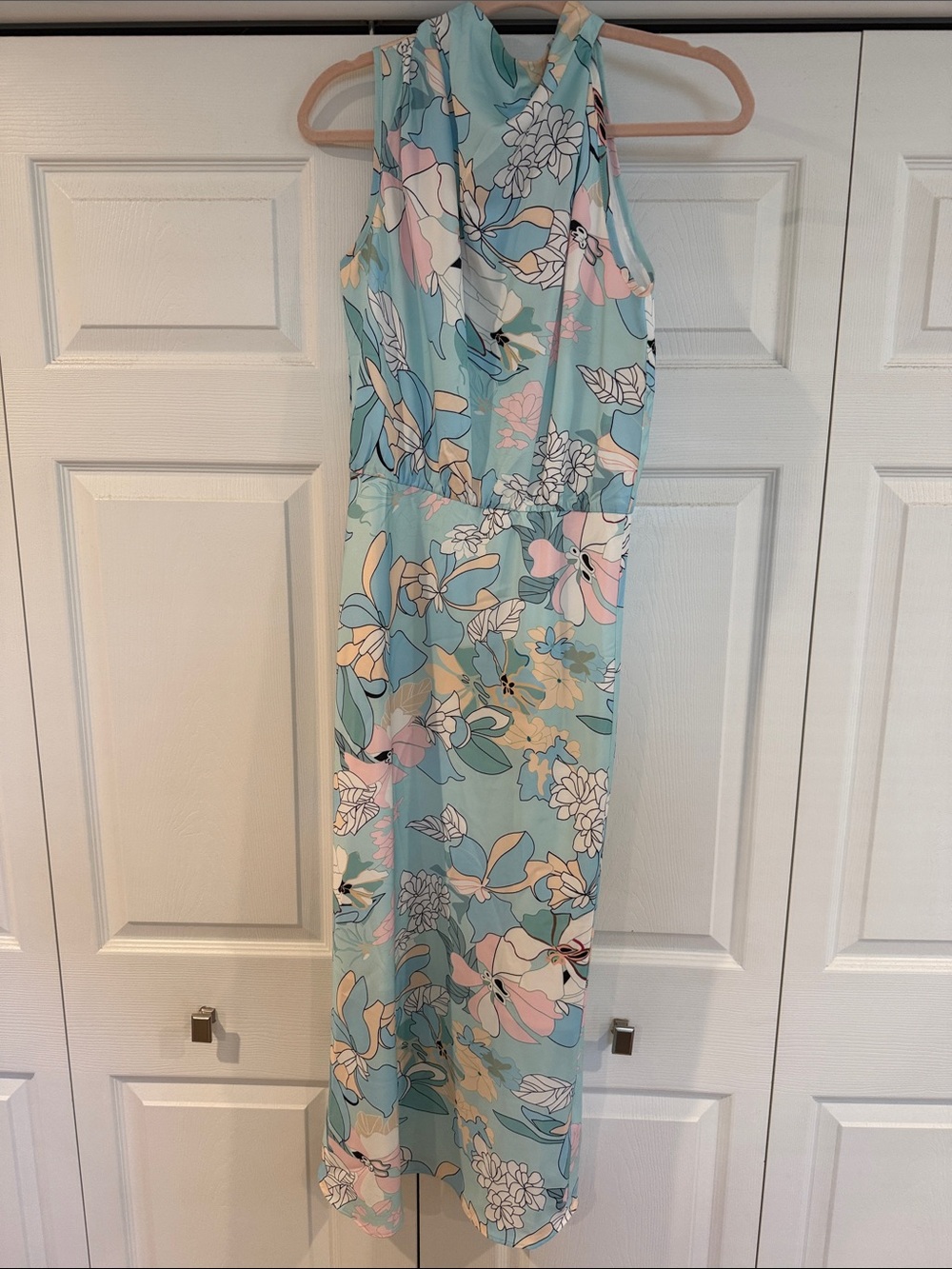 Sleeveless Floral Midi Dress in Light Aqua